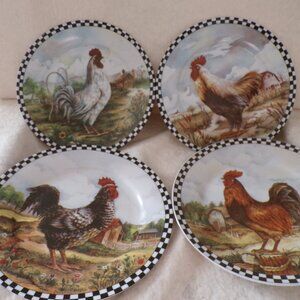 4 VTG Rooster Country Farmhouse Decorative Plates Checkerboard Edge Chicken Barn